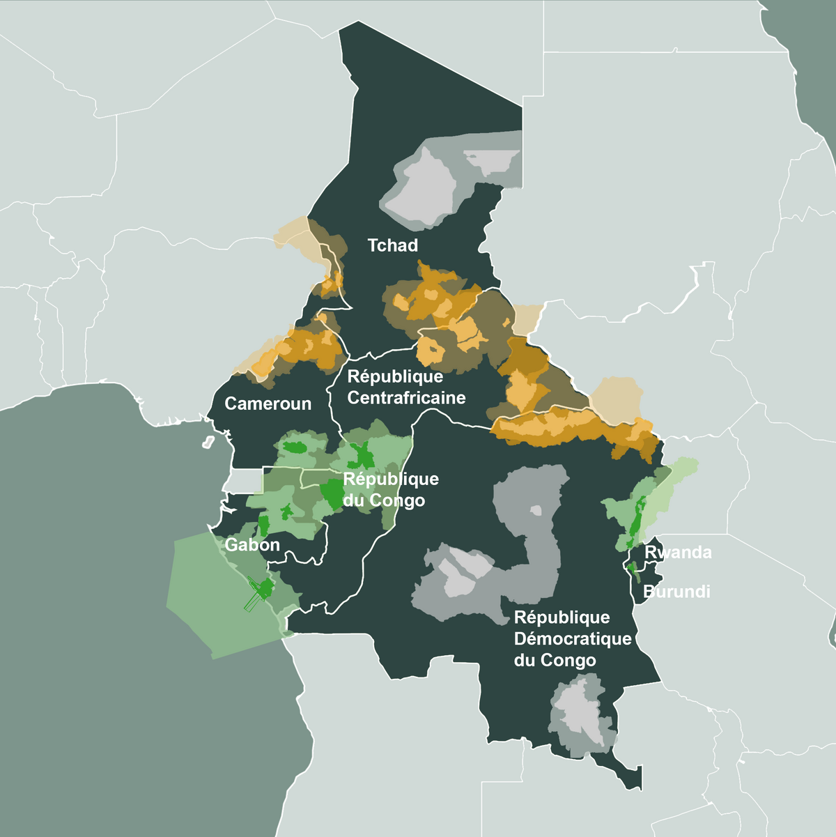 Carte des 10 paysages prioritaires NaturAfrica en Afrique centrale